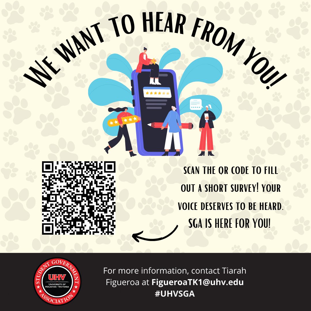 SGAUHV's tweet photo. SGA is a student-led organization that acts as the voice of the student body. To do that, we want to hear from YOU! 
Scan the QR code to open the Student Feedback Form and tell us how we can improve your college experience for the next semester. https://t.co/FY5GOF8NPl