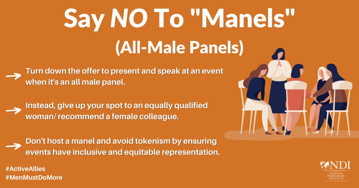 NDIWomen's tweet photo. Say NO to “Manels”

Women are often excluded or underrepresented as panelists or subject-matter experts at events. In order to be #ActiveAllies and ensure diverse voices are represented, #MenMustDoMore and end the practice of hosting or being part of all-male panels. 

#16Days https://t.co/v9D6pgru7H