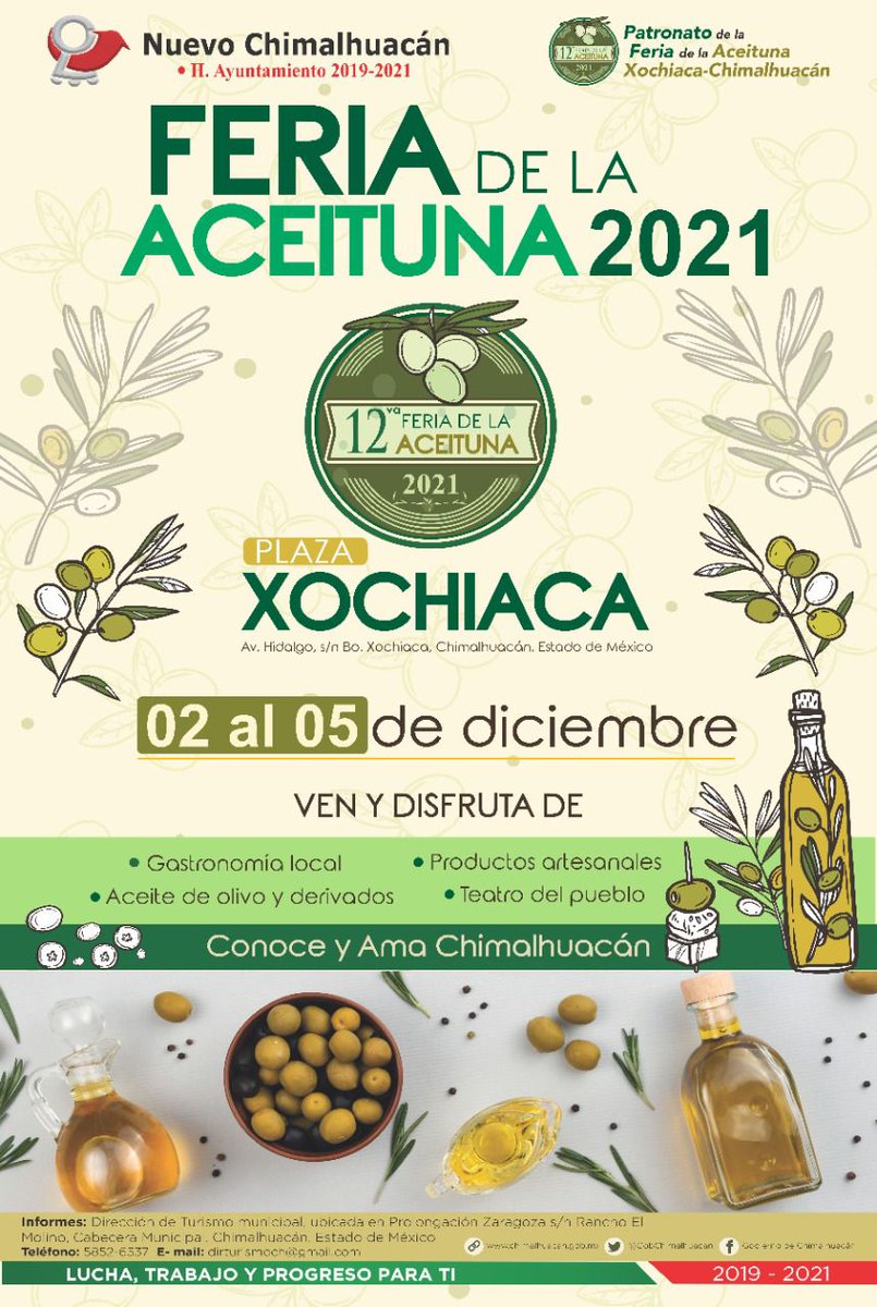 ChimalhuacanSi's tweet photo. Te invitamos a la 12va Feria de la Aceituna 2021del 2 al 5 de diciembre en Plaza Xochiaca.

¡Ven y disfruta! https://t.co/YXVNcrRRML