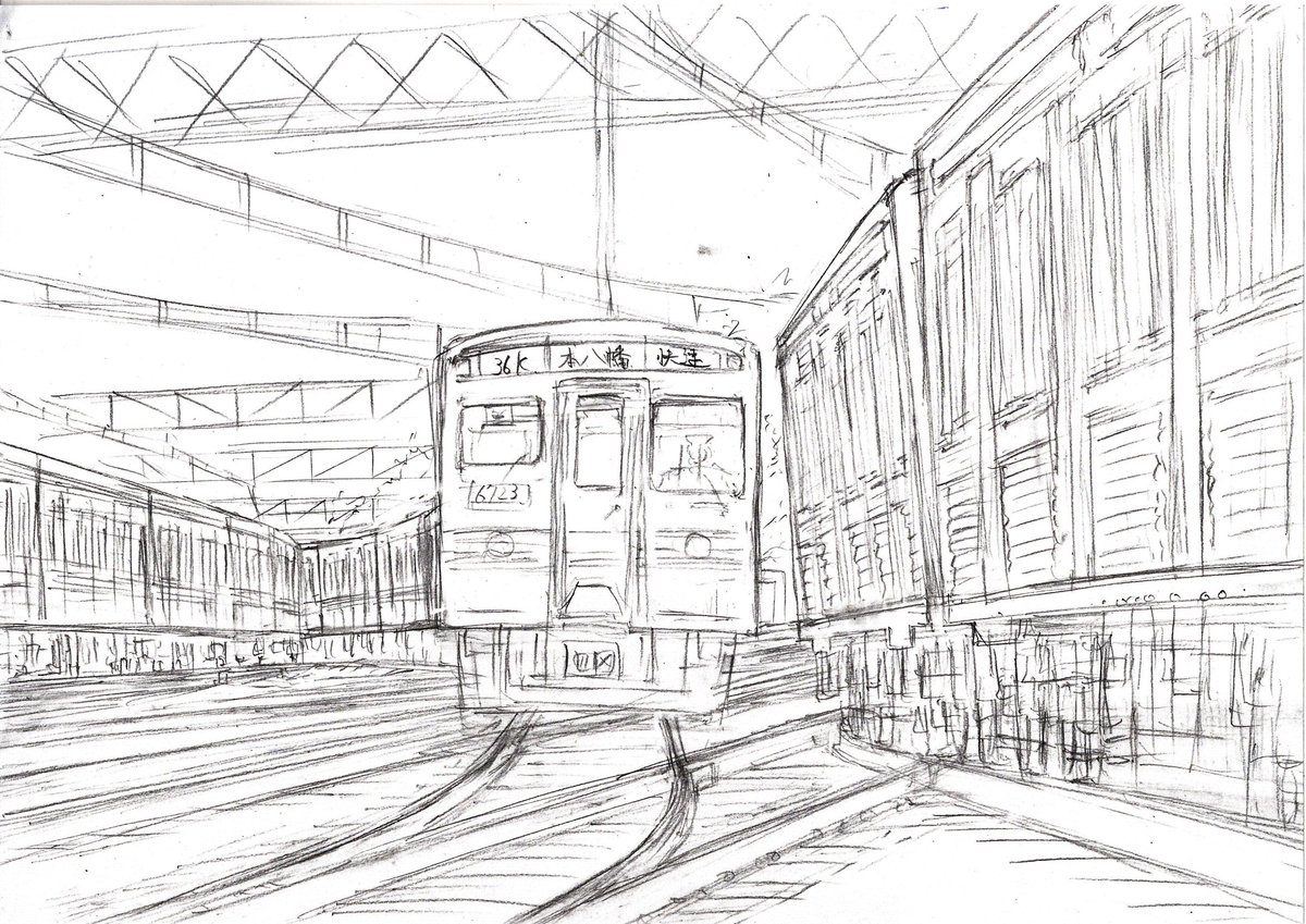 昔の調布駅はこんなだった.同時に来た上り列車同士がぶつかるんじゃないかと思うほど近づく.あまり資料見ずに描いたので細かいところガバガバ. 