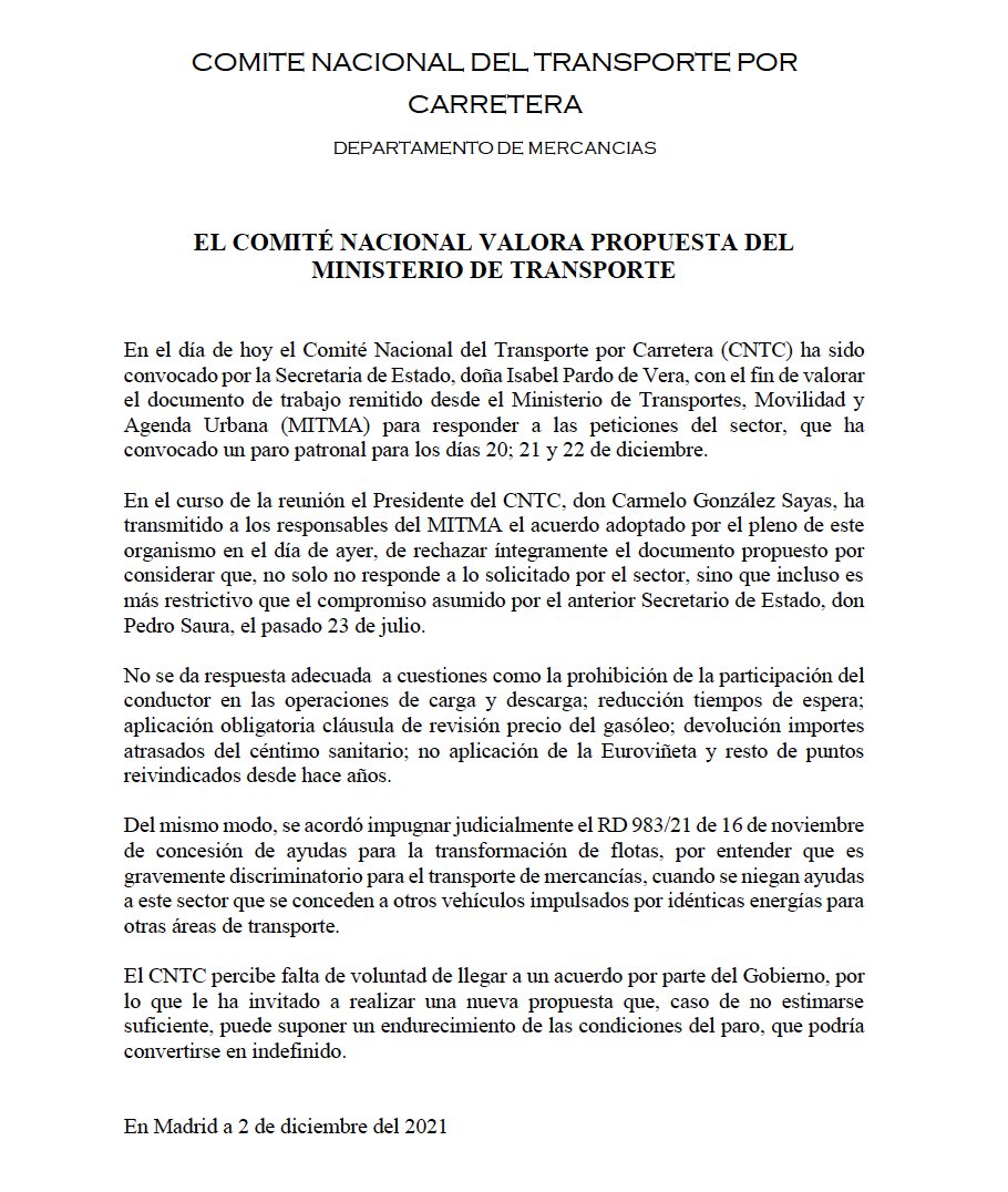 El Comité Nacional de #Transporte rechaza íntegramente el documento propuesto por @mitmagob  al considerar que, no responde a lo solicitado por el sector.