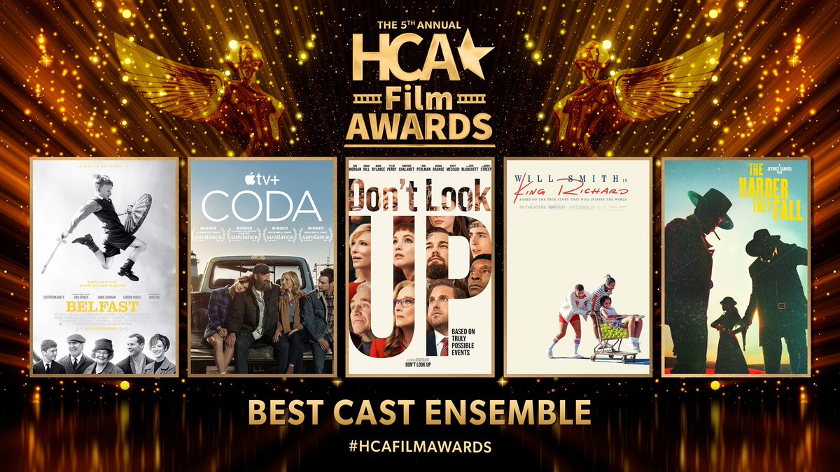 TheAstraAwards's tweet photo. The nominees for Best Cast Ensemble are:
#Belfast
#CODAFilm
#DontLookUp
#KingRichard
#TheHarderTheyFall
#HCAFilmAwards #BestCastEnsemble #BestCast https://t.co/GYdWmfAOdA