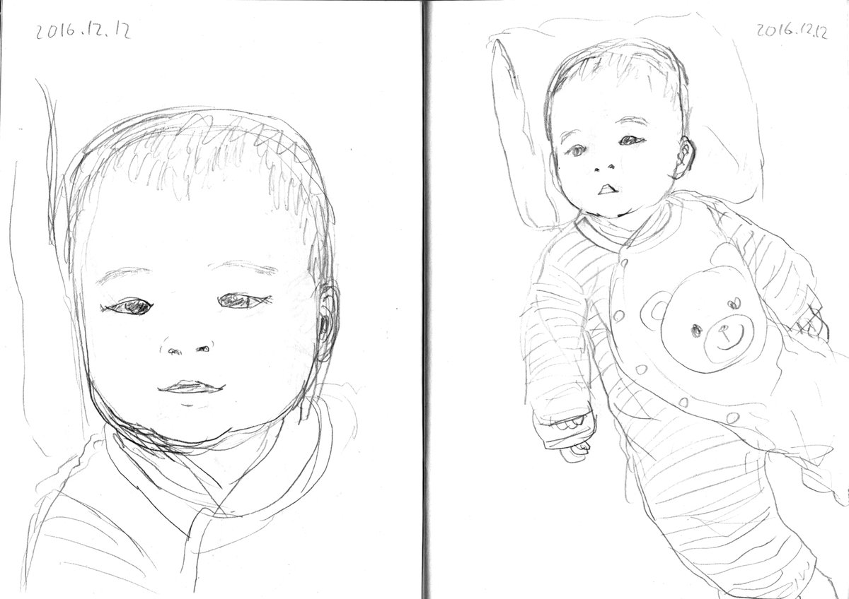 赤ちゃんを描いているときは
たいてい赤ちゃんが寝ているとき。
産後の寝不足の中、睡眠時間を削って描いたので
スケッチは少ししかないです。

そして、今は子供と一緒にいるときは
とても子供を見ながら絵など描けない
せわしなさ。
ビデオや写真を後から見直して描く。 
