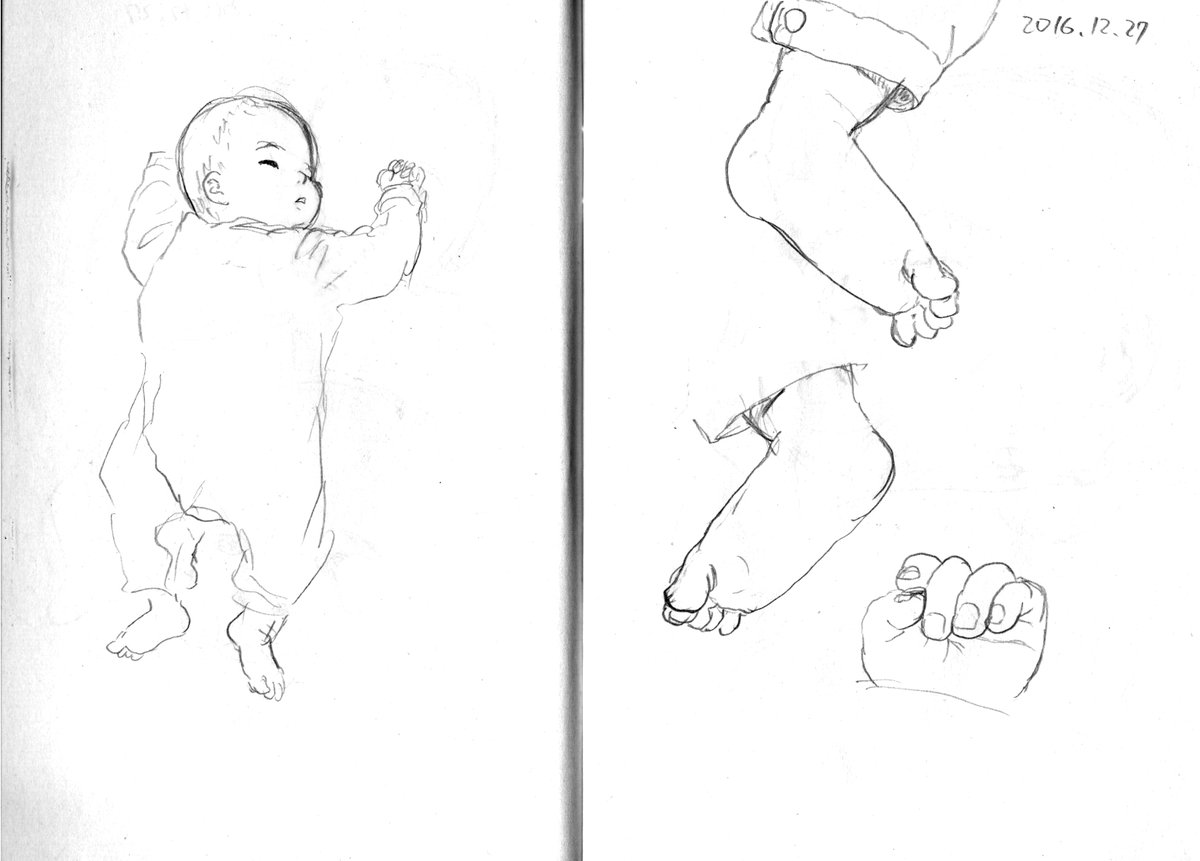 赤ちゃんを描いているときは
たいてい赤ちゃんが寝ているとき。
産後の寝不足の中、睡眠時間を削って描いたので
スケッチは少ししかないです。

そして、今は子供と一緒にいるときは
とても子供を見ながら絵など描けない
せわしなさ。
ビデオや写真を後から見直して描く。 