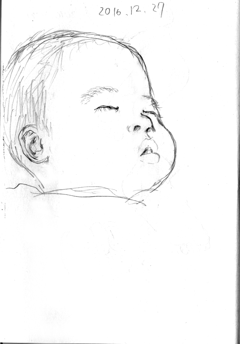 もどかしいけど、しかたない。
描けなくて残念などというのは深夜だから思うこと。
子供が起きているときは描こうという
発想が出ないほどバタバタ。
それにしても赤ちゃんのほっぺ、鼻、口はいとおしい。