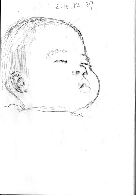 もどかしいけど、しかたない。
描けなくて残念などというのは深夜だから思うこと。
子供が起きているときは描こうという
発想が出ないほどバタバタ。

それにしても赤ちゃんのほっぺ、鼻、口はいとおしい。 