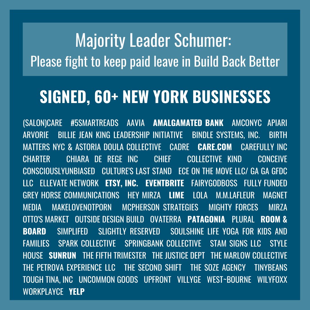 We are proud to be featured in the @NYTimes alongside 60+ NY businesses to support a national #paidleave policy. We are calling on <a href="/SenSchumer/">Chuck Schumer</a> to fight for our businesses, families, and economy &amp; keep #paidleave in #BuildBackBetter. #NYSaysSavePaidLeave abetterbalance.org/resources/incl…