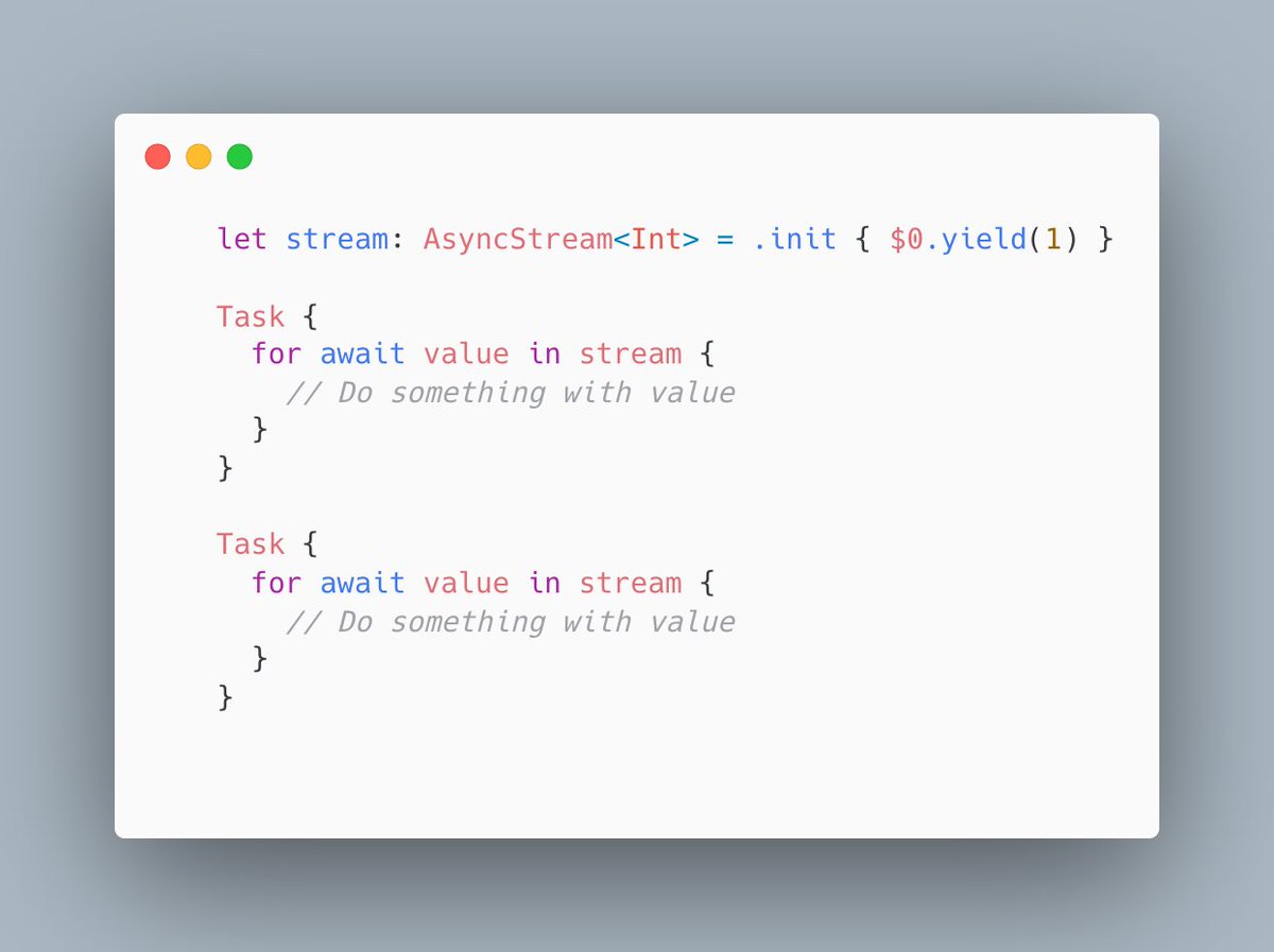 Anyone knows why this piece of code crashes with the following message? "_Concurrency/AsyncStreamBuffer.swift:253: Fatal error: attempt to await next() on more than one task"