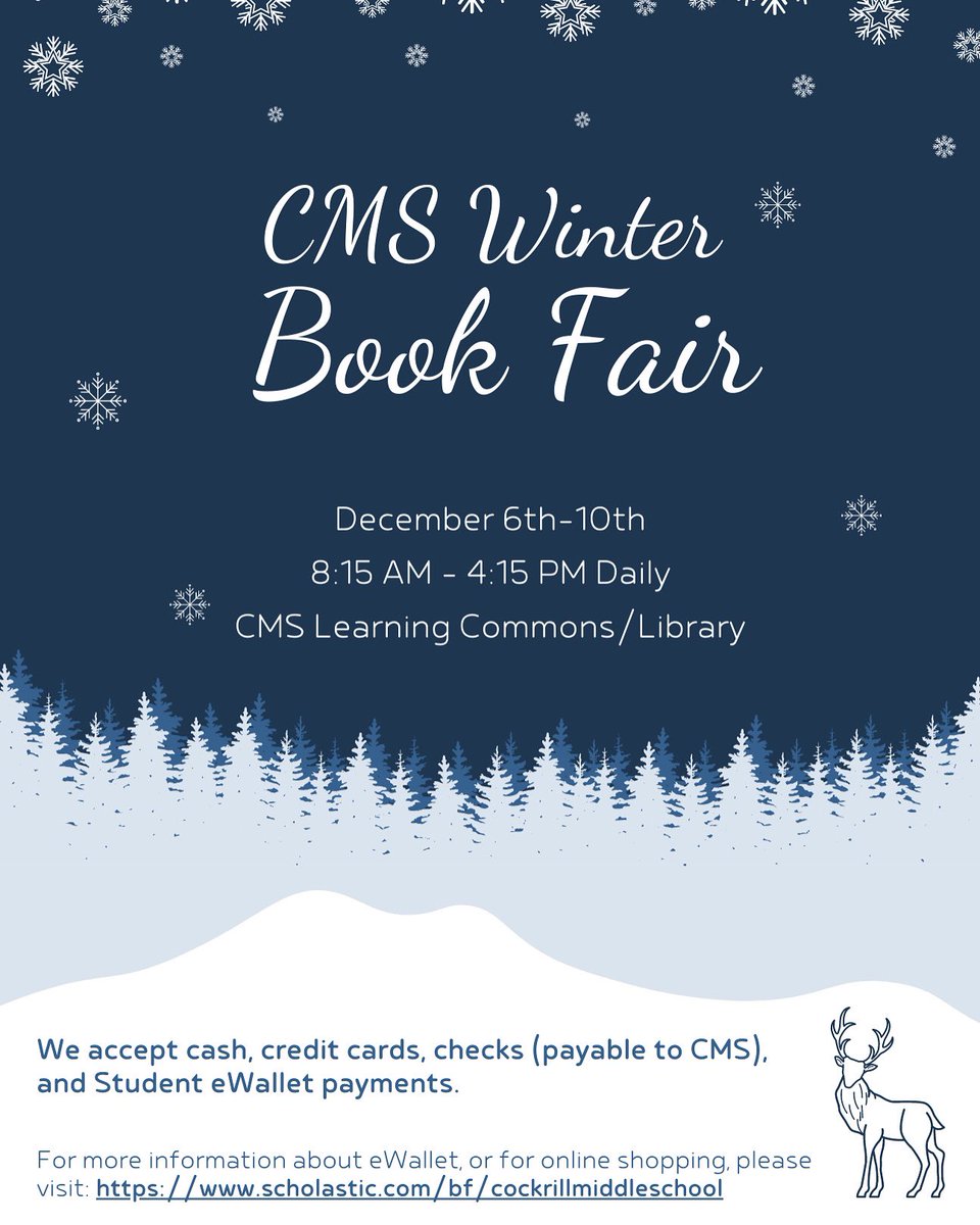 Our Scholastic Book Fair is coming next week, December 6th-10th, and everyone is invited! For more information or to shop the fair online please visit scholastic.com/bf/cockrillmid…. Thank you for supporting your CMS Winter Book Fair!
📚
#cmsreads