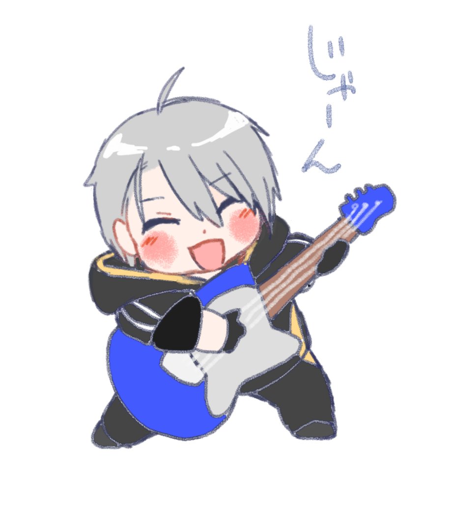 1boy instrument male focus guitar grey hair closed eyes hood  illustration images