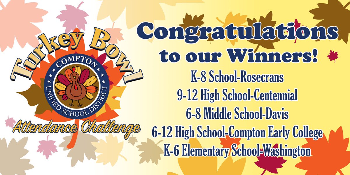 Congrats 2 the school sites  4 winning our 1st Turkey Bowl Attendance Challenge. Much gratitude 2 our families 4 your partnership. Attendance at this time is vital to the academic and mental wellness in our kiddos. <a href="/ComptonUnified/">Compton Unified</a> <a href="/ShannonMSoto/">Shannon Soto, Ed.D.</a> <a href="/mrmicahali/">Micah Ali</a> <a href="/attendanceworks/">Attendance Works</a>