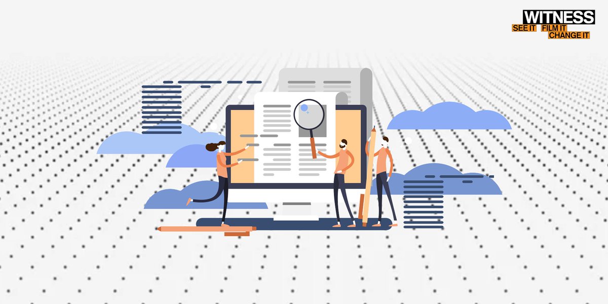 Graphic of people with a magnifying glass looking at web content on a computer. The background is made up of black dots on a flat plane fading into the horizon.