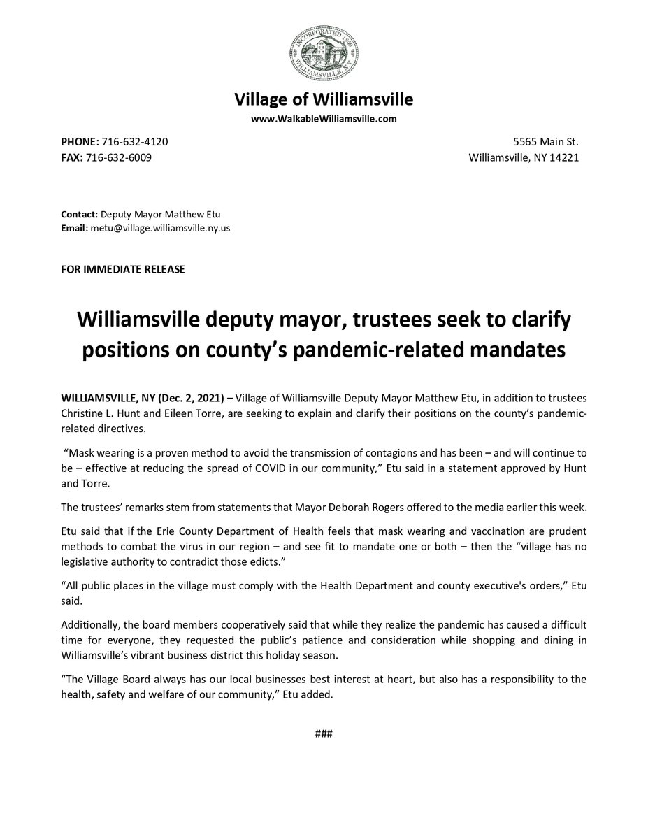 Vill_Will_Gov's tweet photo. The village's deputy mayor and two board trustees seek to clarify their positions on county mandates following remarks from Mayor Deb Rogers. @WBEN https://t.co/n2eYg8vDwg
