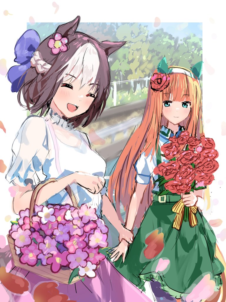 silence suzuka (umamusume) ,special week (umamusume) multiple girls 2girls animal ears horse ears flower bouquet long hair  illustration images