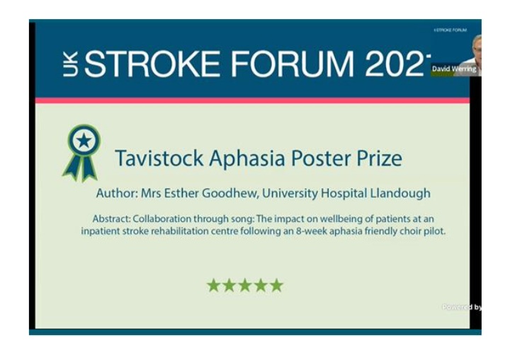 Congratulations to Esther 
Goodhew of the University Hospital Llandough on her #UKSF21 award of the Tavistock Aphasia Poster Prize showcasing her work with the inpatient Aphasia friendly choir <a href="/StrokeHubWales/">Stroke Hub Wales</a>
