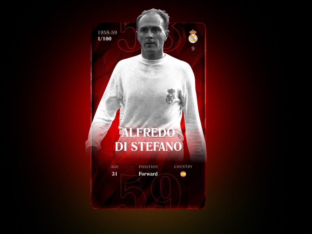 SpainSorare's tweet photo. ⭐️ALFREDO DI ESTEFANO SE UNE A #Sorare 

La Saeta Rubia. El prolífico icono del Real Madrid ayudó al club a dominar el fútbol europeo en los años 50. ¡Bienvenido a #Sorare, Alfredo Di Stefano! https://t.co/r3jdrinIO0