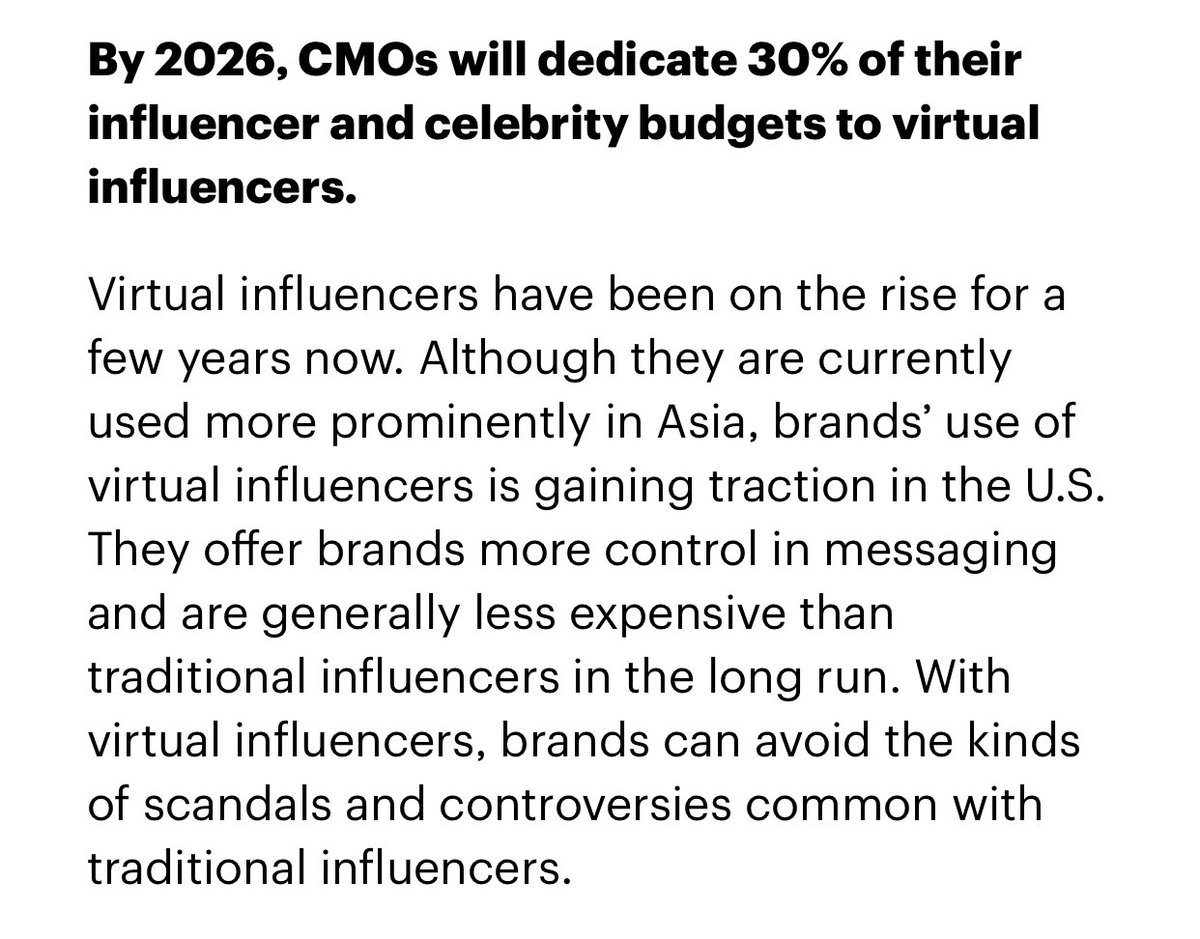 ValaAfshar's tweet photo. By 2026, CMOs will dedicate 30% of their influencer and celebrity budgets to virtual influencers.

https://t.co/BbK9duHDe0 https://t.co/f2cWmDhr4G