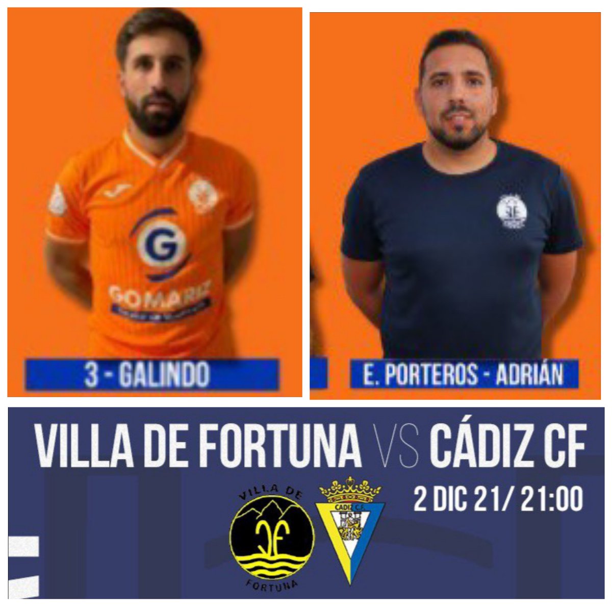 <a href="/VilladeFortuna/">C.D. Villa de Fortuna</a> ⚔️ <a href="/Cadiz_CF/">Cádiz Club de Fútbol</a> 
🏆 Copa del Rey 🏆
Y esta noche desde Nueva Condomina estaremos en un día histórico para dos deportistas de nuestra villa, Luis Galindo y Adrián Rodríguez, que se medirán a todo un primera división de un clásico del fútbol español primera ronda 🏆