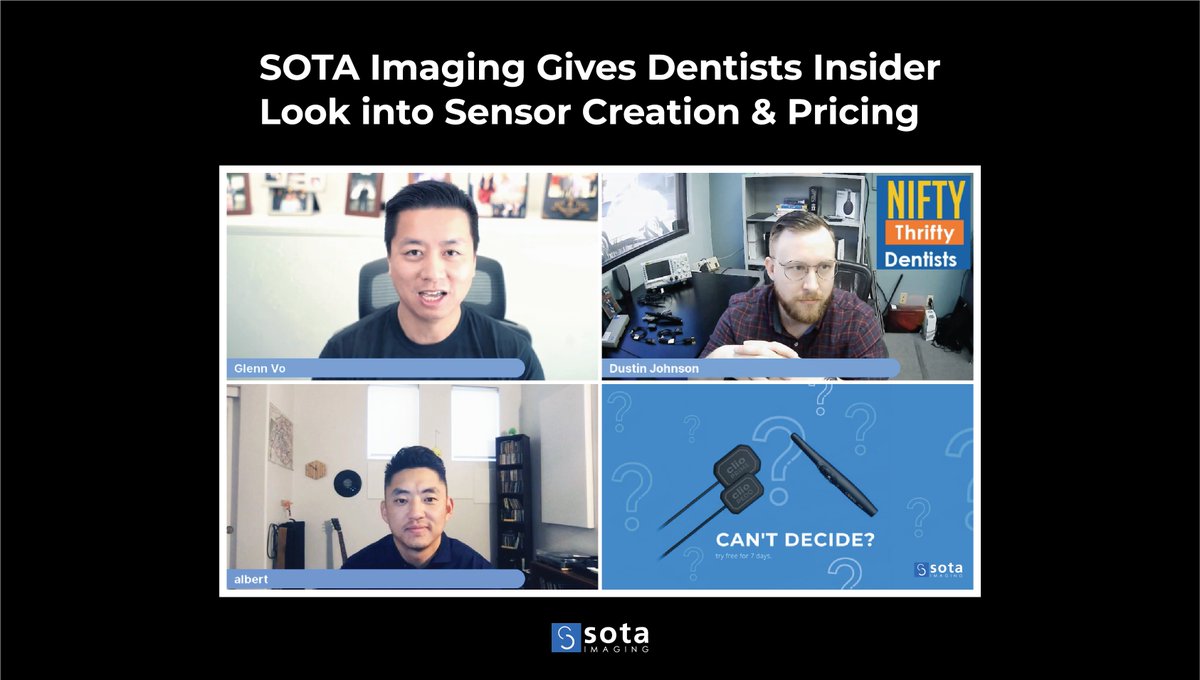 The SOTA Imaging team joined Dr. Glenn Vo of Nifty Thrifty Dentists to answer the group's most popular and pressing questions about dental sensors, in a Facebook Live event.

Watch here: blog.sotaimaging.com/nifty-thrifty-…

#dentistry #dentists #dentaltechnology #dentalimaging