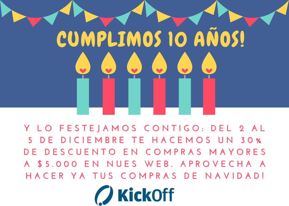 KickOff_uy's tweet photo. 🎉🎉Cumplimos 10 años!! Y lo queremos festejar con nuestros clientes: del 2 al 5 de diciembre te hacemos 30% de descuento en compras iguales o mayores a $5.000 en nuestra web. Adelantate y hacé tus compras de Navidad! 👉Entrá en https://t.co/QCq2UZPiCT https://t.co/yreiNWGwaz