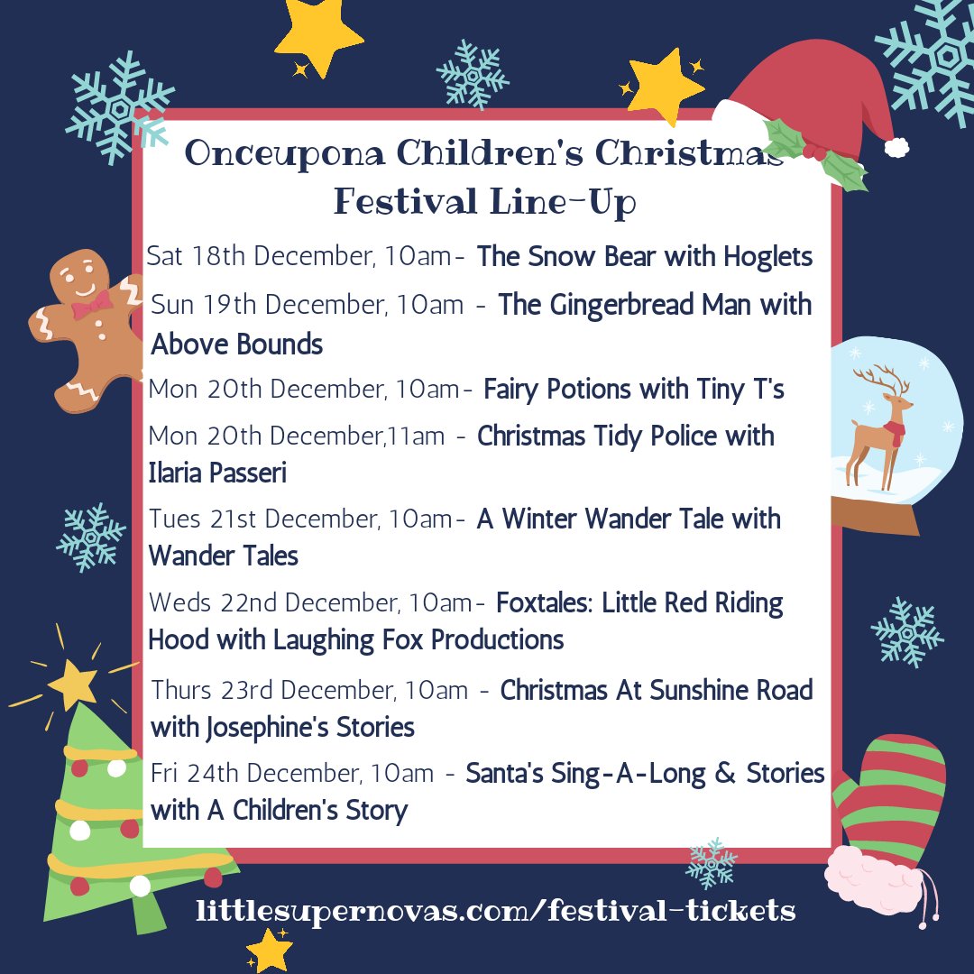 Our #festival lineup for our #online #Christmas Festival!
Join 18-24th December for festive kids #theatre &amp; #storytelling
Book: littlesupernovas.com/festival-ticke… 
<a href="/HogletsTheatre/">Hoglets Theatre</a> <a href="/tt_tinytheatre/">Tiny T's Storytelling & Theatre</a>
<a href="/AboveBounds/">Above Bounds</a> <a href="/ilariapasseri/">Ilaria Passeri</a> <a href="/aaronspendelow/">Aaron Spendelow</a> #virtual #zoom #snow #winter #santa #Christmas2021