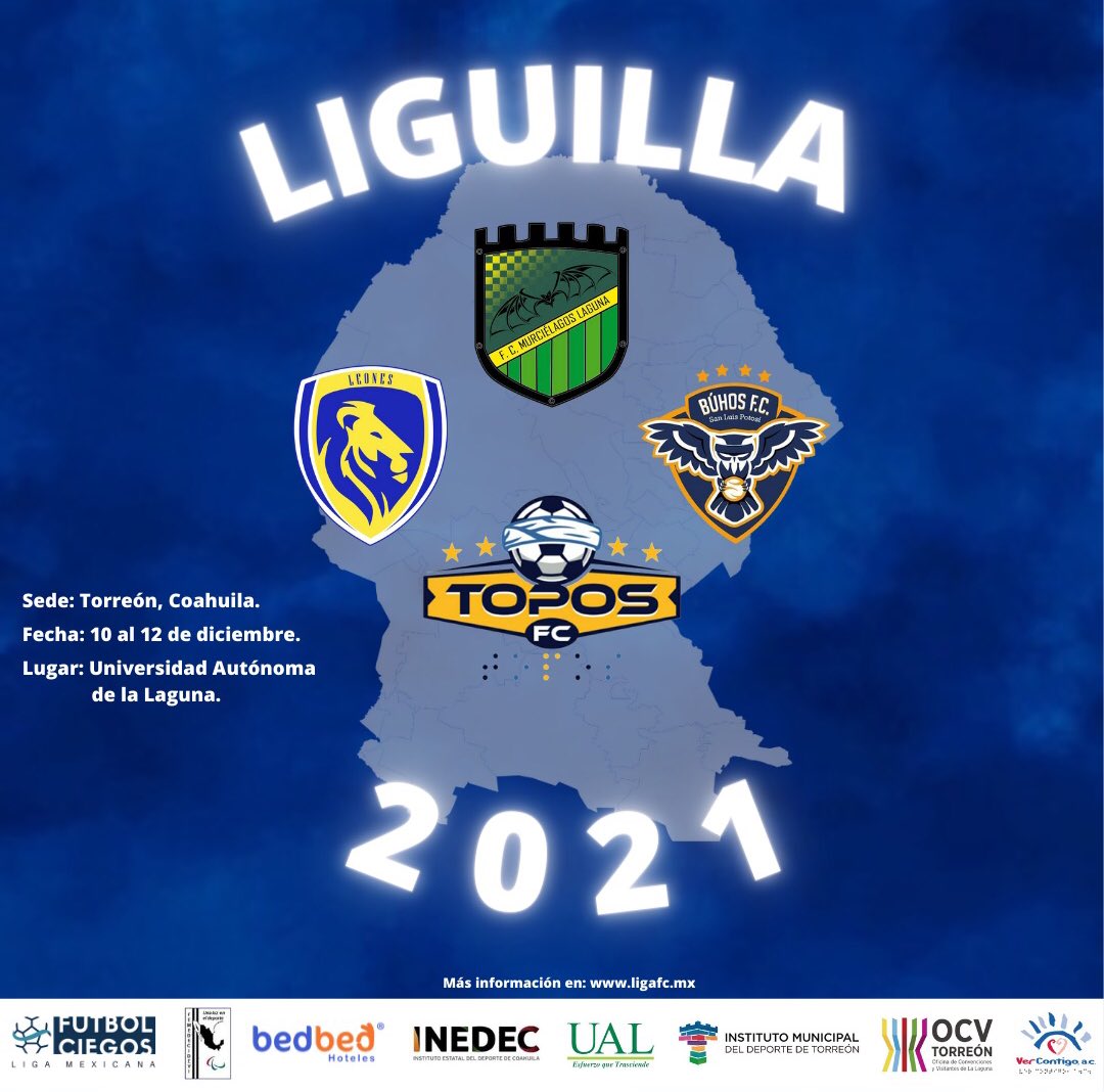 ligafcmx's tweet photo. ¡LIGUILLA 2021!

Estamos por definir al primer campeón de la Liga Mexicana Futbol Ciegos, en la que se enfrentarán los mejores cuatro equipos del país (Coahuila, Jalisco, San Luis Potosí y Puebla).

Gracias a todos por hacer esto posible.

¡Éxito para todos!

#Liguilla2021 https://t.co/NeSlTMO9H3