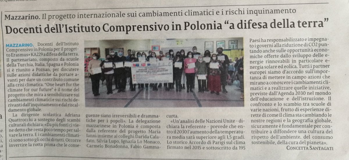 Attività di disseminazione. 
Progetto Erasmus plus KA229.
Istituto Comprensivo Mazzarino diretto dalla DS prof. ssa Adriana Quattrocchi.
Da il giornale La Sicilia, 02 Dicembre 2021