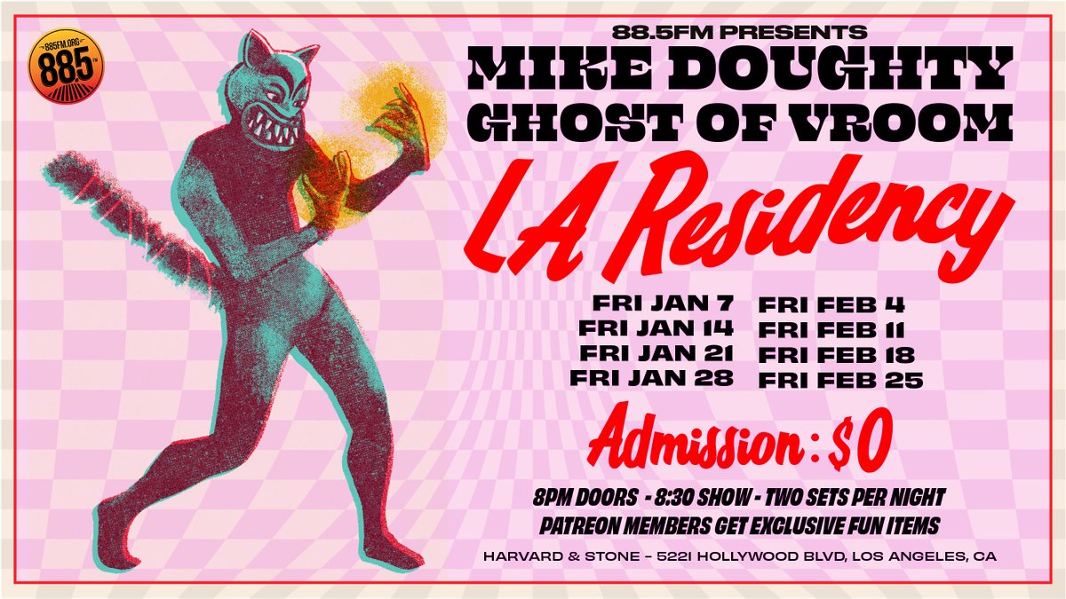 Mike_Doughty_'s tweet photo. FROM HQ: @885fmsocal Presents Mike Doughty / @GhostOfVroom LA Residency. Join Mike, Andrew “Scrap” Livingston, drummer Madden Klass and a rotating cast of incredible musicians every Friday night in January and February—8 special shows at @harvardandstone in Los Angeles. https://t.co/5PPcgkyVcb