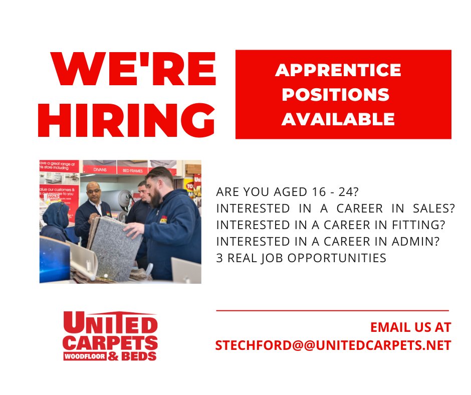 WE ARE HIRING

We are looking for motivated 16-24 year olds who want to join our team, either as Fitters, Sales or Admin roles. 

EMAIL YOUR CV: Stechford@unitedcarpets.net

Interviews in December, to start in January.
