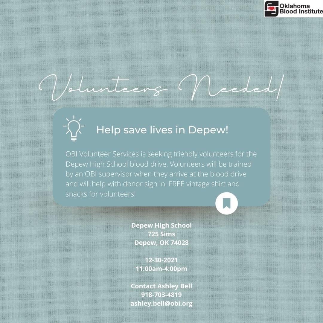 Volunteers needed for the Depew High School blood drive. FREE vintage shirt and snacks for volunteers!! 

Depew High School students - This is the perfect opportunity to fulfill your volunteer school hours, build your resume or just give back to your community!!