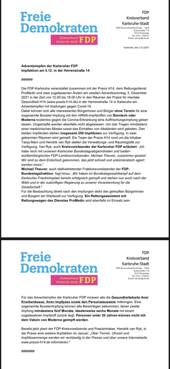 stefan_noe_'s tweet photo. Ihr sucht einen Termin für die #Covid-#Booster Impfung in #Karlsruhe? 
Am Sonntag 5.12.21 organisiert die @FDPKarlsruhe  gemeinsam mit der Praxis von @hbd_83, Ärzten und Rettungsdienst #Promedic ein #Adventsimpfen 
Details ⬇️ 👍💉💛 #vielzutun @BNN_BaNeuNa https://t.co/fdAluy8qVW