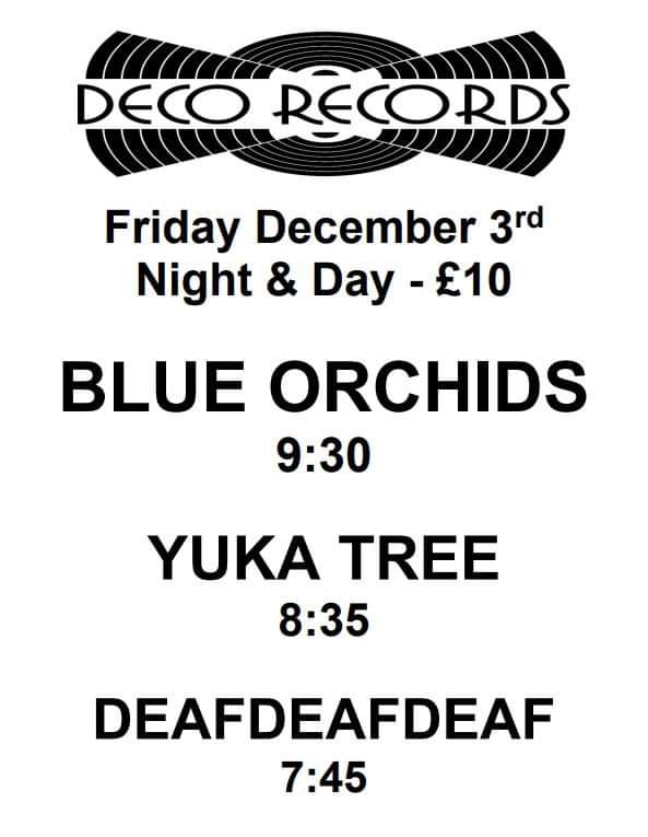 Last one of the year after countless gigs since we were allowed to do what we love again back in july. 

We're back <a href="/nightanddaycafe/">Night & Day Cafe</a> for very special set by <a href="/BlueOrchids4/">Blue Orchids</a> with great support from <a href="/yukatreeband/">YUKA TREE</a> and <a href="/deafdeafdeaff/">DEAFDEAFDEAF</a> be there!!