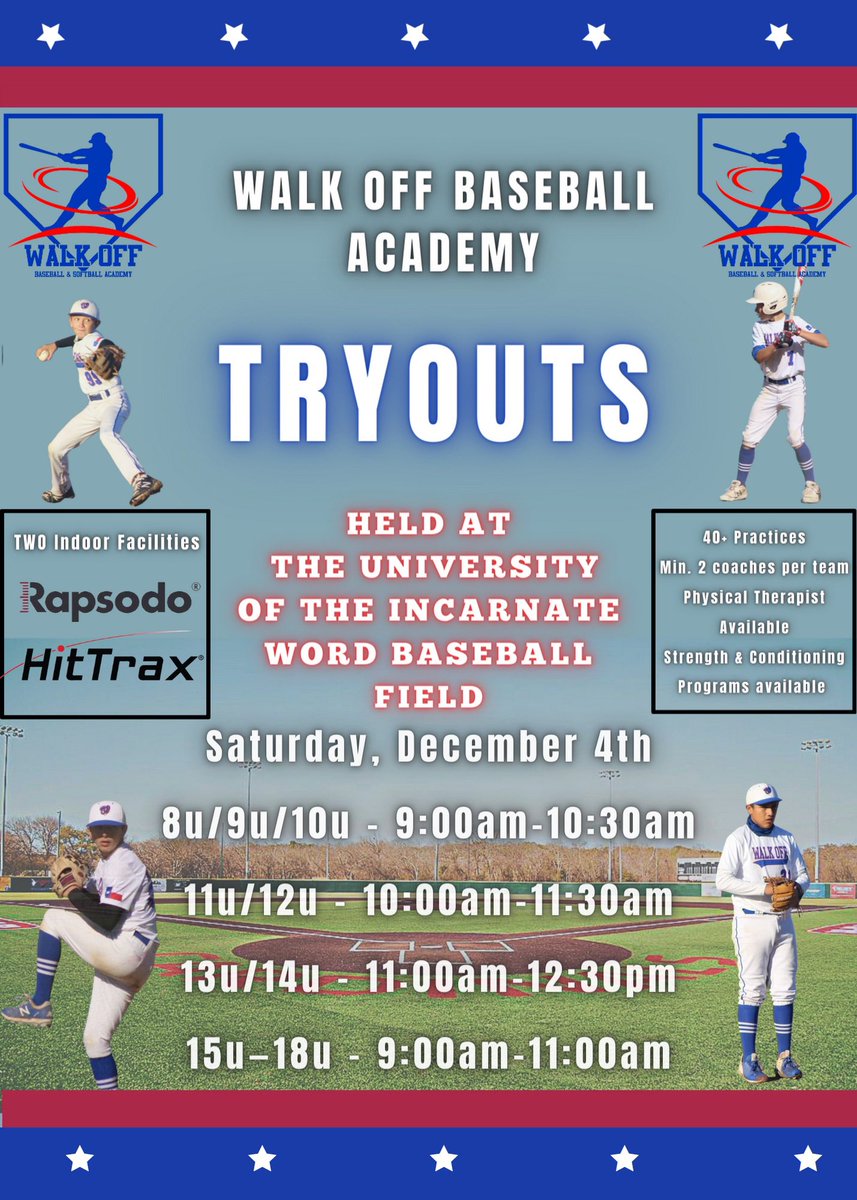 ⚾️❄️ Walk Off Winter Training ❄️⚾️
➡️ November 30th - January 15th ⬅️
Every Tuesday &amp; Thursday from 6:30-8pm @
📍Mays YMCA Stone Oak📍AND
Every Saturday from 9-10:30am @ 
📍Walk Off Northeast📍

➡️ Sign Up HERE —&gt; esoftplanner.com/v3/planner/cam… 

Questions?
📞➡️(210)-630-1170