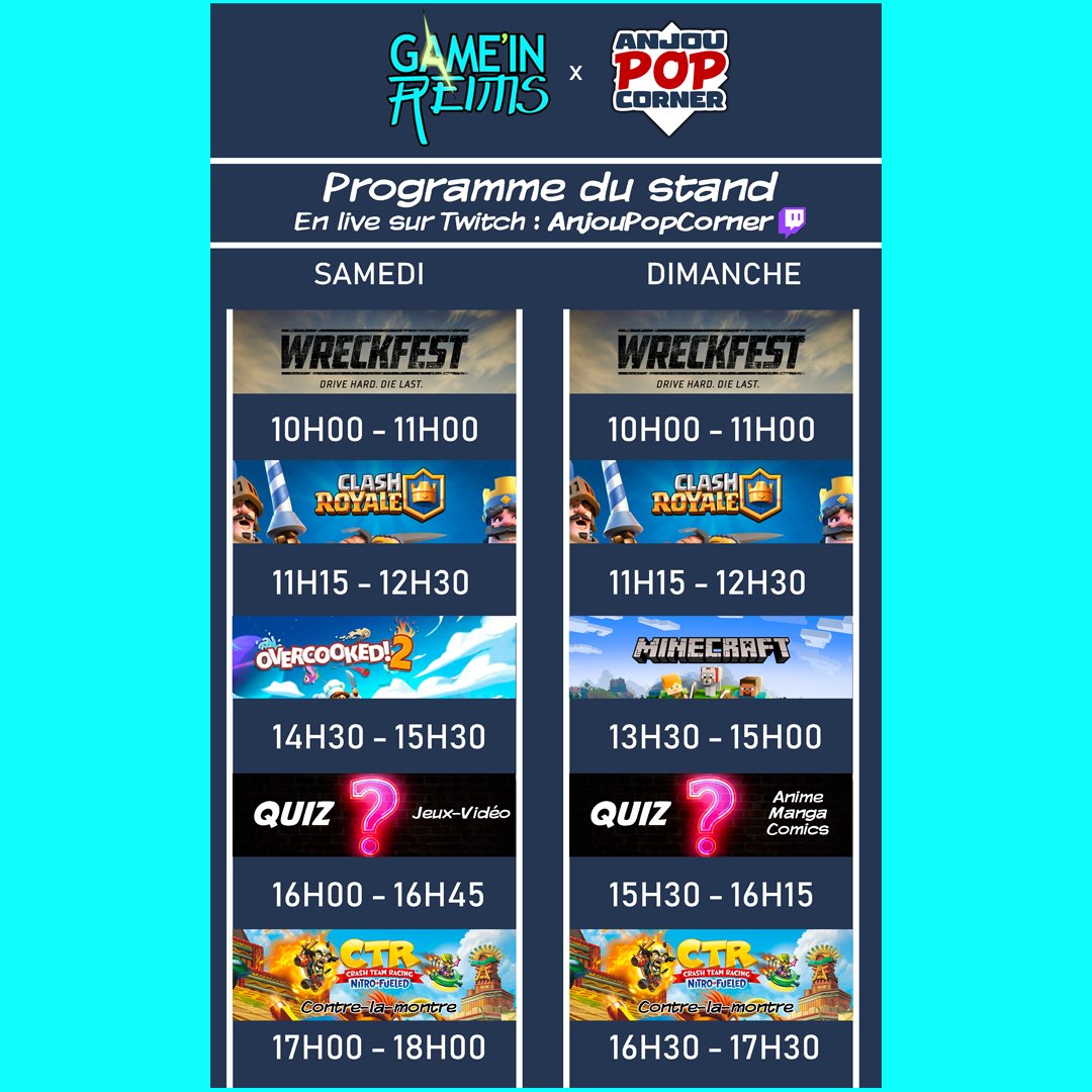 GameInReims51's tweet photo. ⚡ J-1 ! PROGRAMME STAND ANJOU POP CORNER
👾 Bonne nouvelle pour les fans de jeu en stream ! @Anjou_popcorner proposera des sessions tout le week-end du #GameInReims21
📺 Suivez les animations en live sur Twitch : https://t.co/2cxu6wbsnt https://t.co/IQmwwonegi