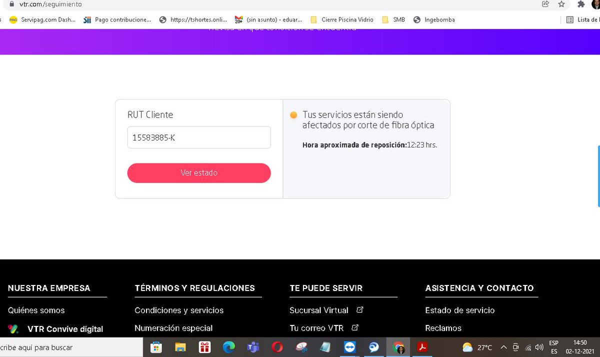 EdoVidalJ's tweet photo. @VTRChile  pésimo su servicio todas las semanas es lo mismo. Corte de servicio. Estoy desde las 07:00 am sin ningún tipo de servicio, pero lo chistoso que haciendo seguimiento dice que la reposición será a las 12:13 y son las 14:58 y nada @subtel_chile ayuda https://t.co/4M9uefrqfd
