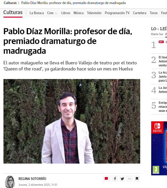 Artículo en Diario SUR sobre el nuevo premio Buero Vallejo a Queen of the road, fue un placer hablar un rato con la gran <a href="/ReginaSotorrio/">Regina Sotorrío</a> #teatro #dramaturgia #elteatrotambiénselee 
diariosur.es/culturas/pablo…