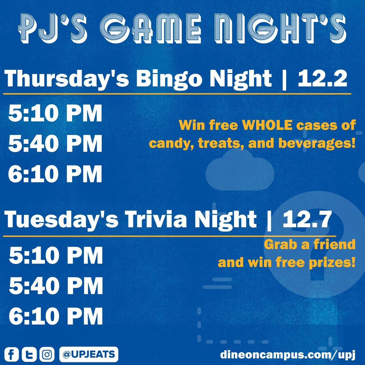 UPJEats's tweet photo. The first PJ’s Game Night of the month is tonight beginning at 5:10 PM! Meet us in PJ’s Dining Hall for your chance to win shareable snacks for the upcoming finals 📚
• • • 

#upjeats
#finalsweek 
#gamenight https://t.co/xmXjykhTbl