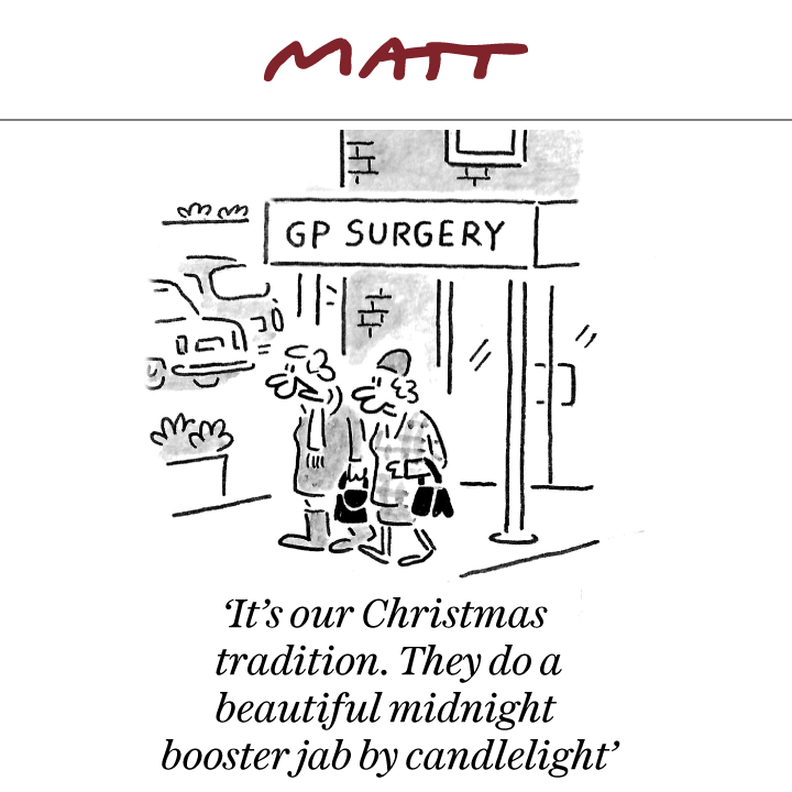 MattCartoonist's tweet photo. My latest cartoon for tomorrow's @Telegraph 

'It's our Christmas tradition. They do a beautiful midnight booster jab by candlelight'

Subscribe to my weekly newsletter to receive my unseen cartoons: https://t.co/JNDhrYJMFH https://t.co/LGd6iqCfor