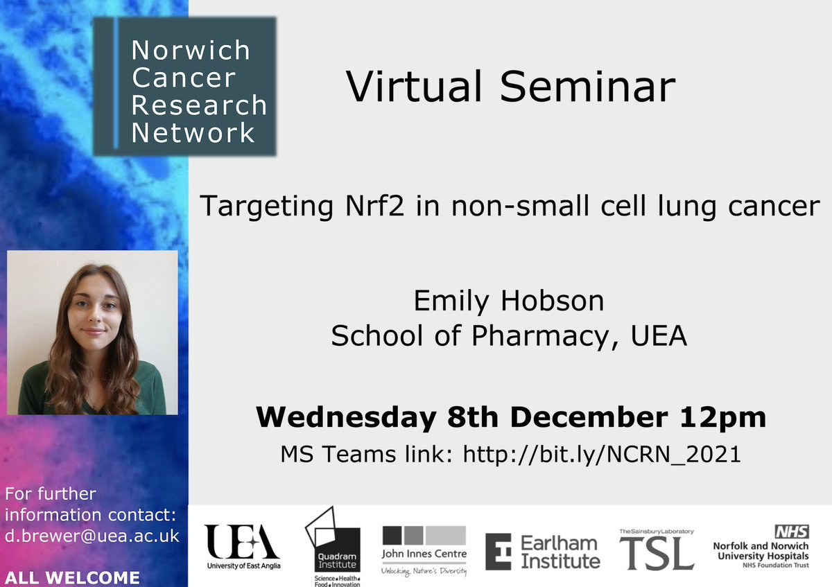 CancerInNorwich's tweet photo. 📢 The next in our virtual seminar series is next Wednesday (8th) at 12pm with @emilybhobson from @UEAPharmacy, who will be talking about "Targeting Nrf2 in non-small cell lung cancer". All are welcome to join via the Teams link: https://t.co/FW2NaxhG9G #CancerInNorwich #NCRN https://t.co/Sujs9FpkcF
