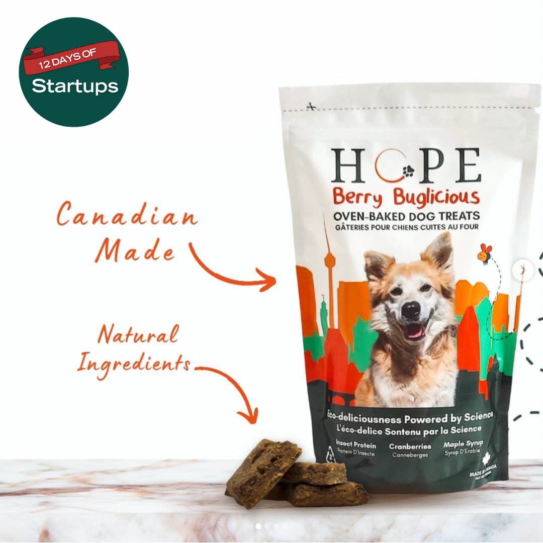 UofTStartup's tweet photo. Looking to treat your furry friend? Check out the nutritious and sustainable food (made with bugs!) from HOPE Pet Food! The startup was founded by Sofia Bonilla and Kasey Dunn and is a member of @IcubeUTM. Visit https://t.co/nBfAUsg8l3 for more β¨ #12DaysofStartups https://t.co/7rRXXVbU5S