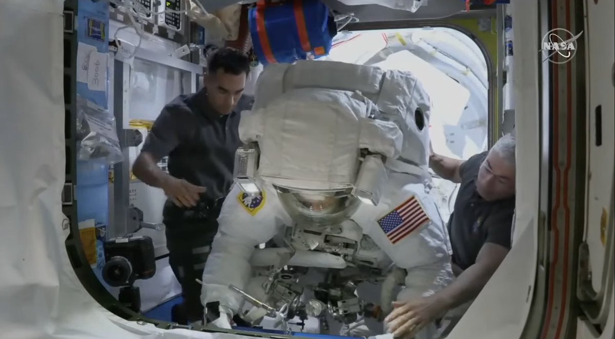 genejm29's tweet photo. #NASA #EVA78 - Kayla Barron is first onboard the ISS, her  SAFER unit removed. https://t.co/uaCqeGb5YW