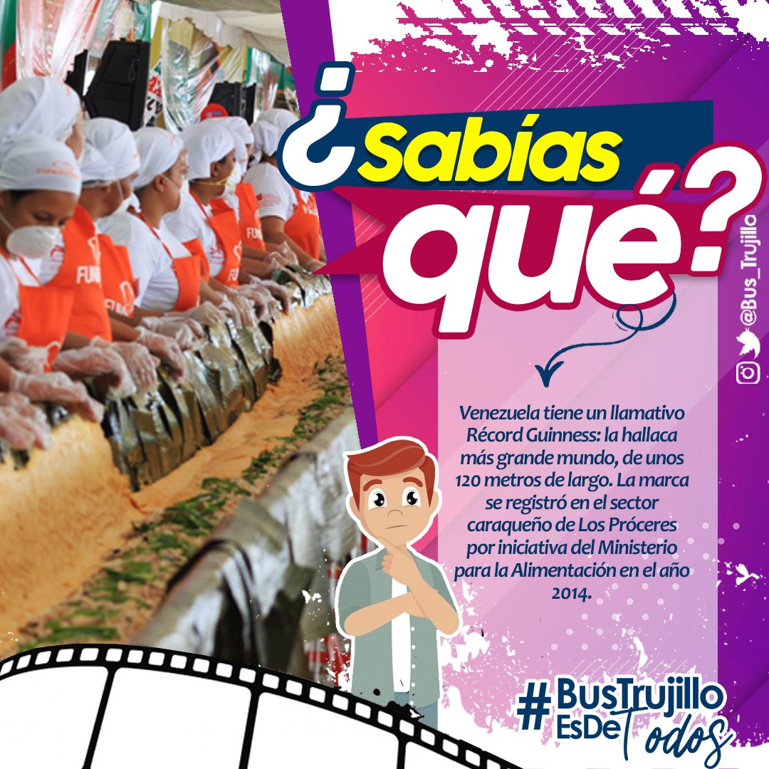 Bus_Trujillo's tweet photo. #SabíasQué🗣️| Venezuela es tierra de encantos y hazañas que enaltecen nuestra identidad, una de ellas es justamente el título que recibió el país en el año 2014 al realizar la hallaca más grande del mundo con unos 120 metros de largo.

#NavidadEsReconciliación🎄🇻🇪
@Gerardo4fPsuv https://t.co/PL3CJOM6cc