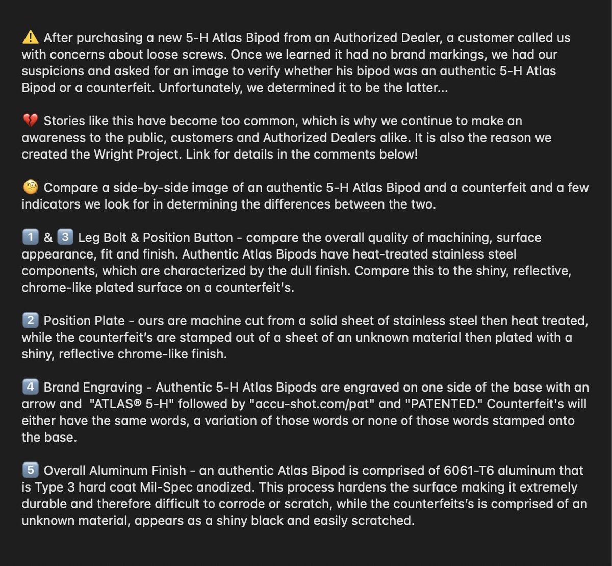 ⚠️ After purchasing a new 5-H Atlas Bipod from an Authorized Dealer, a customer called us with concerns about loose screws. We had our suspicions...read on to learn more!

➡️There are 5-H #AtlasBipods on sale for 25% OFF. Expires tomorrow! ✅accu-shot.com/catalog_new/32…

#WeAreSupport