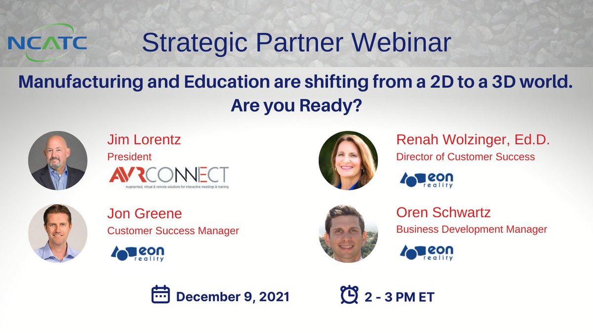 ncatc's tweet photo. To Register: https://t.co/kN8Wl6x90B

Join us as NCATC strategic partners will share a path to implement and fund a successful entry into AR &amp; VR and to quickly and organically build and engage with 3D content and immersive learning. https://t.co/FacKTLmz7l