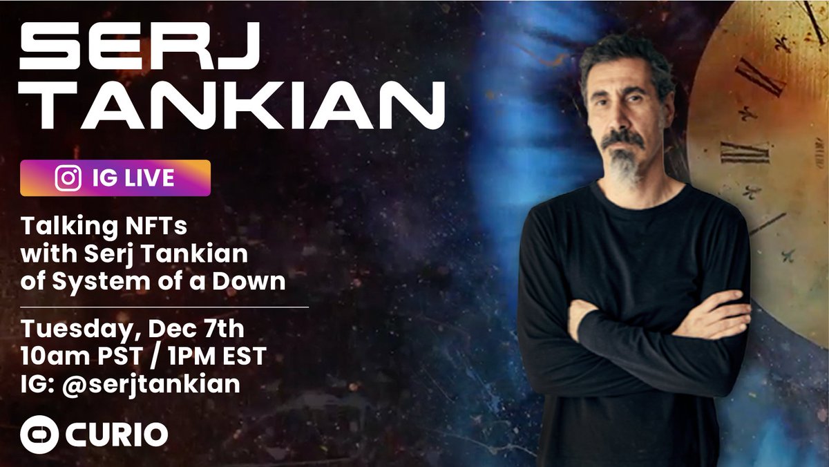 CurioNFT's tweet photo. ��� We are thrilled to be joining @serjtankian on IG LIVE to chat about his Amazing #NFT project "Not For Touching - The Intangible Composition" and talk #NFTs in general.
🚀Happening Tuesday Dec 7th @ 10am PST / 1PM EST 
Pop in and join us, you won't want to miss this! 💥 https://t.co/8rLmuZA6VS