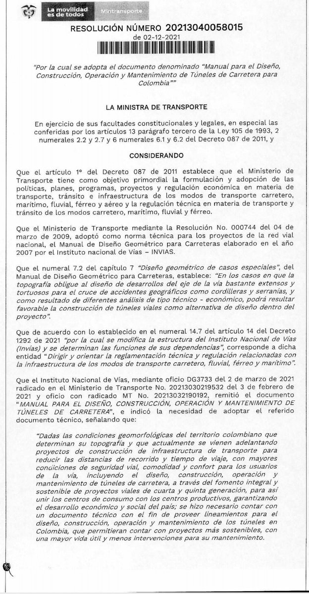 RESOLUCION MEDIANTE LA CUAL EL MINISTERIO DE TRANSPORTE ADOPTA EL MANUAL DE TU ELES DE CARRETERA EN COLOMBIA, DOCUMENTO LIDERADO POR EL INVIAS CON EL APOYO DE LA SCI Y ACTOS.