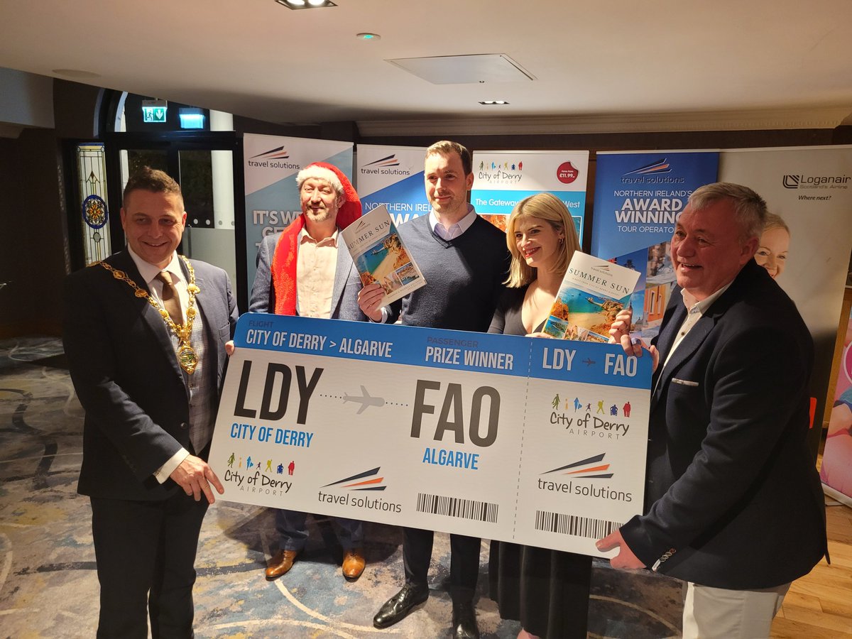 CoDerryAirport's tweet photo. A huge congratulations to Michael Daly of the Blackbird, the winner of @trvlsolutions star prize of tonight, a week holiday for two in Albufeira from City of Derry Airport!

Thanks to @mayordcsdc Alderman Graham Warke for a fantastic evening in aid of Foyle Down Syndrome Trust. https://t.co/45ChBvTbYo