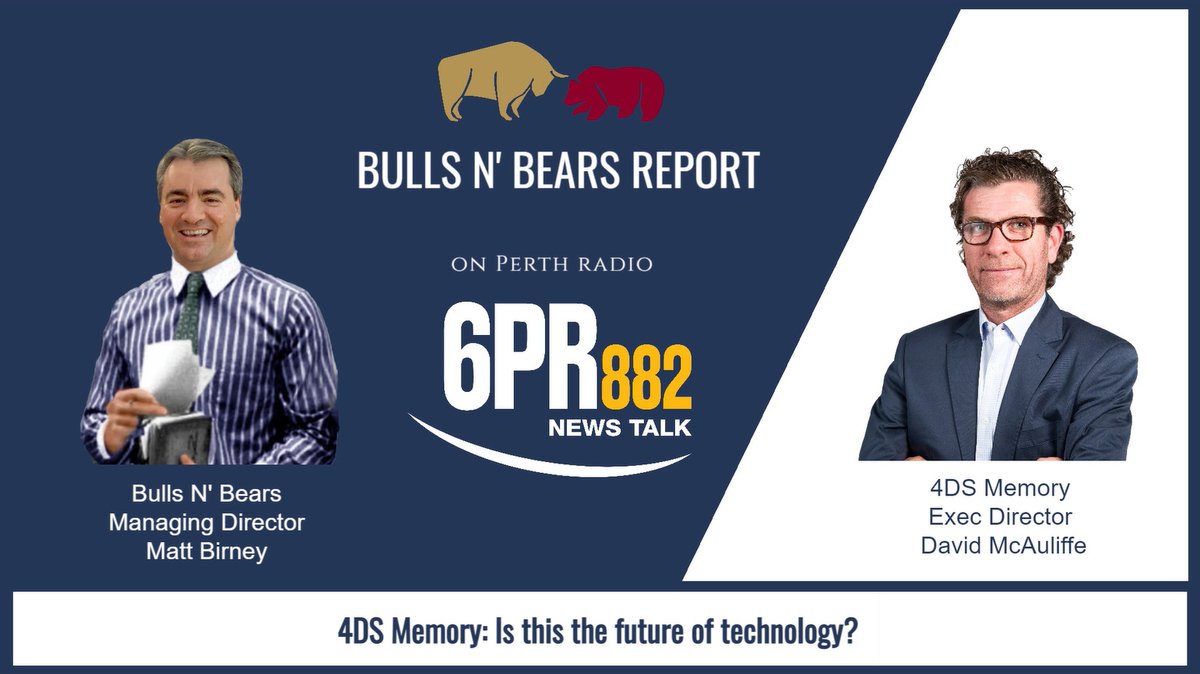 BullsNBearsWA's tweet photo. Tune in to @6PR from 11:50am AWST to hear @4DSMemoryLtd ED David McAuliffe talk about its move to totally disrupt device memory markets with its technology.
Click https://t.co/4yrRlUIUhB & press "LISTEN" at 11:50am AWST (2:50pm AEDT).
$4DS $4DS.AX #4DSMemory #BullsNBearsReport https://t.co/uuLrw6dtj8