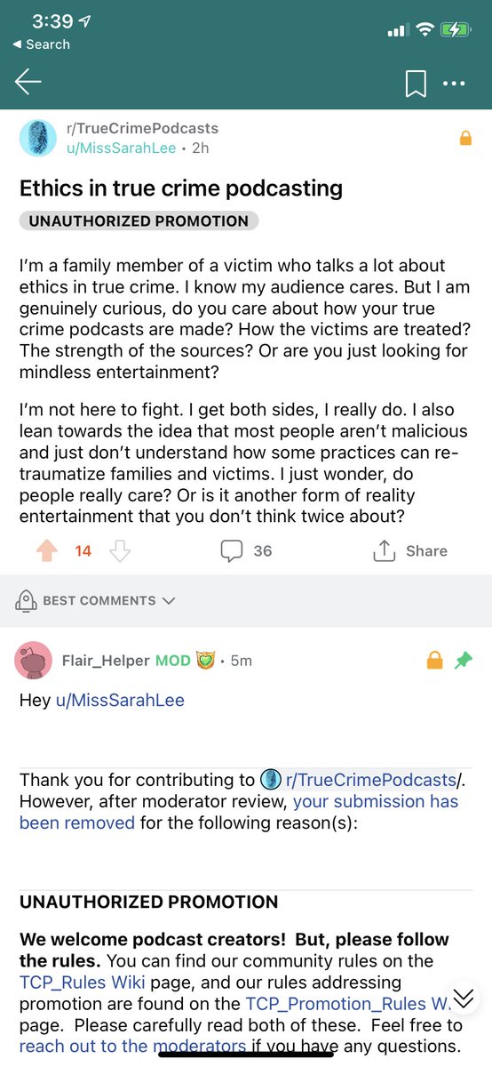 SarahETurney's tweet photo. I talk about ethics in true crime podcasting a lot. Today I tried posting to Reddit so I wasn’t in an echo chamber on my own socials &amp; this post got taken down. They told me it was a “contrived promotional campaign.” I swear, this industry just isn’t ready for this conversation. https://t.co/w2TWAYWUxz