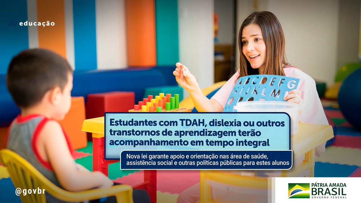 govbr's tweet image. Publicada no Diário Oficial da União, a Lei nº 14.254/21 determina que o poder público deve desenvolver e manter programa de acompanhamento integral para alunos com Transtorno do Déficit de Atenção com Hiperatividade (TDAH), dislexia e outros transtornos de aprendizagem.
